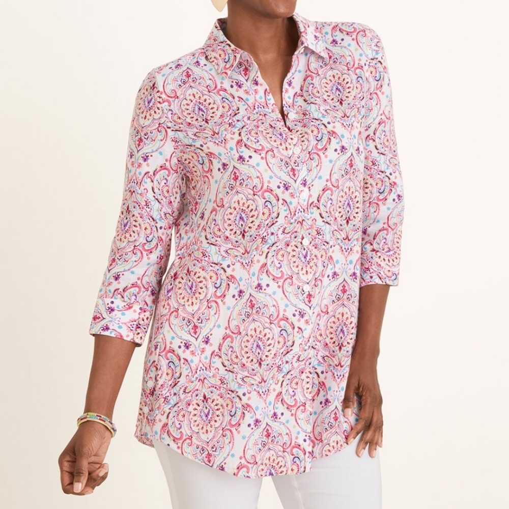 Chico's no-iron linen scroll print side button tunic length white pink 3 16 18